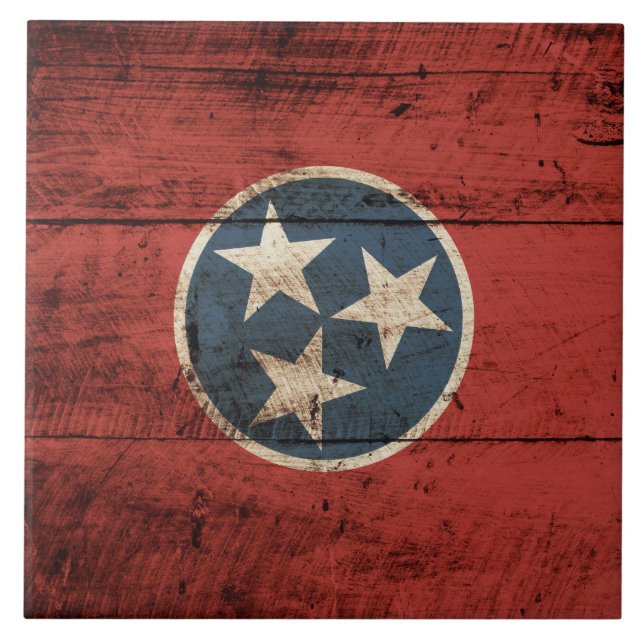 Tennessee State Flag on Old Wood Grain Ceramic Tile (Front)