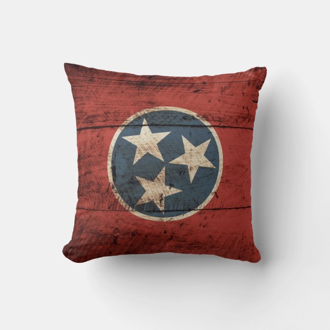 Tennessee State Flag on Old Wood Grain Cushion (Front)