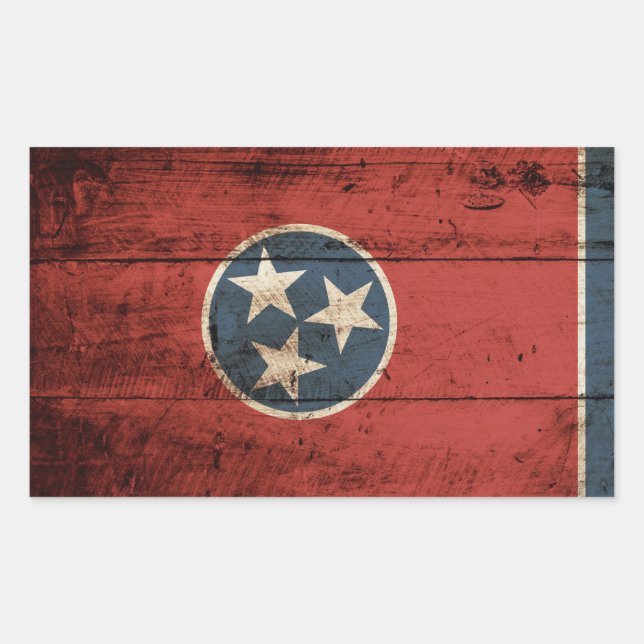 Tennessee State Flag on Old Wood Grain Rectangular Sticker (Front)