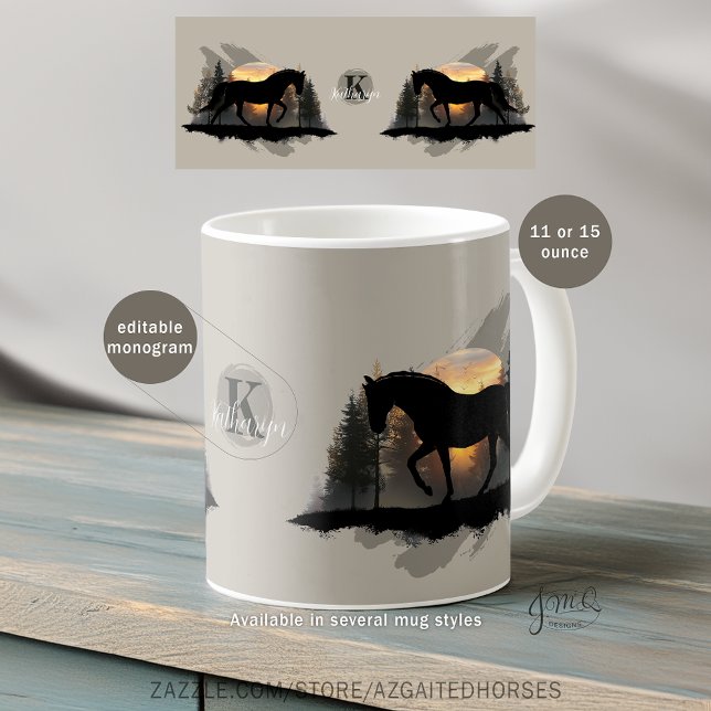 Tennessee Walking Horse Sunset Silhouette Monogram Coffee Mug (Mug design with black Tennessee Walking Horse silhouette in  front of a trees with sunset, monogram.)