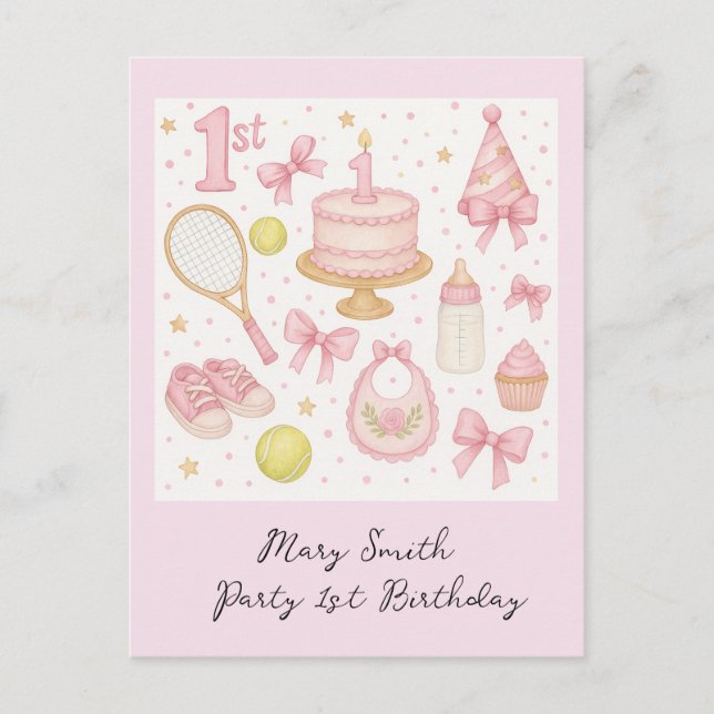 Tennis 1st birthday for baby girl pink tone racket postcard (Front)