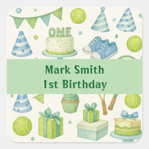 Tennis 1st Birthday for Boy Blue and green themed Square Sticker