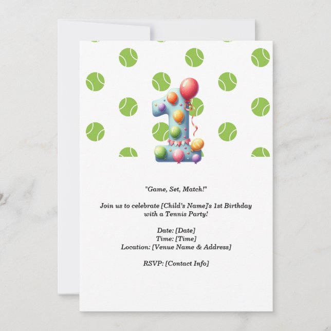 Tennis 1st Birthday Party invitation  (Front)