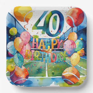 Tennis 40th Birthday  tennis ball and number Paper Plate