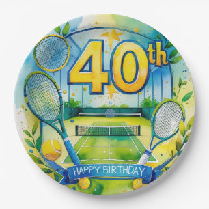 Tennis 40th Birthday  tennis ball and number Paper Plate