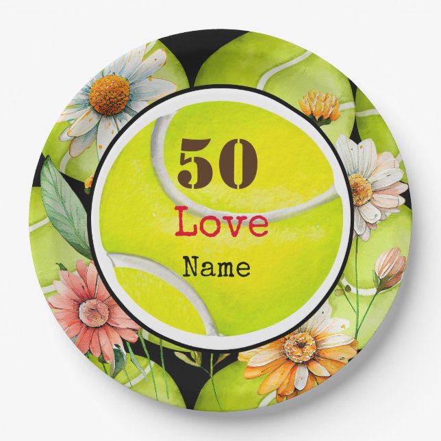 Tennis 50th Birthday ball with Daisy Flowers Paper Plate (Front)