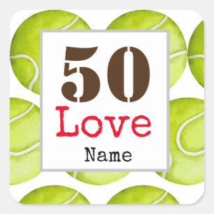 Tennis 50th Birthday ball with love and name Square Sticker