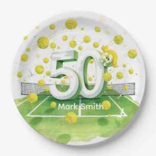 Tennis 50th Birthday Balls on the court Paper Plate