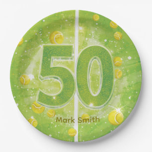 Tennis 50th Birthday Balls on the court Paper Plate