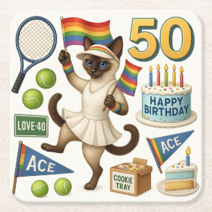 Tennis 50th Birthday for Cat Lovers Square Paper Coaster