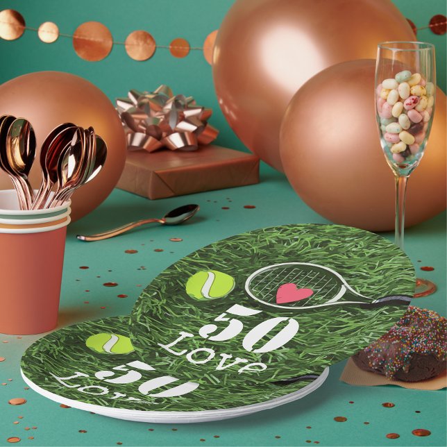 Tennis 50th Birthday  tennis ball and number love Paper Plate (Creator Uploaded)