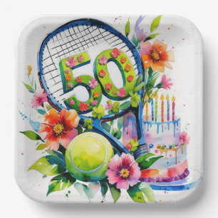 Tennis 50th Birthday  tennis ball and number  Paper Plate