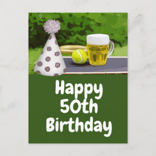 Tennis  50th Birthday with Ball and Beer Postcard