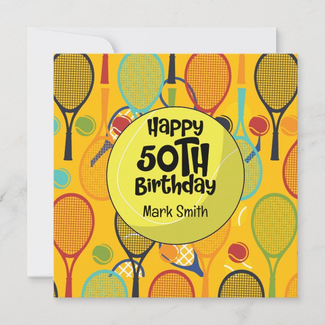 Tennis 50th Birthday with Name on Racket  Themed (Front)