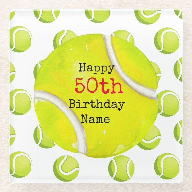 Tennis 50th Birthday with tennis ball and number   Glass Coaster (Front)