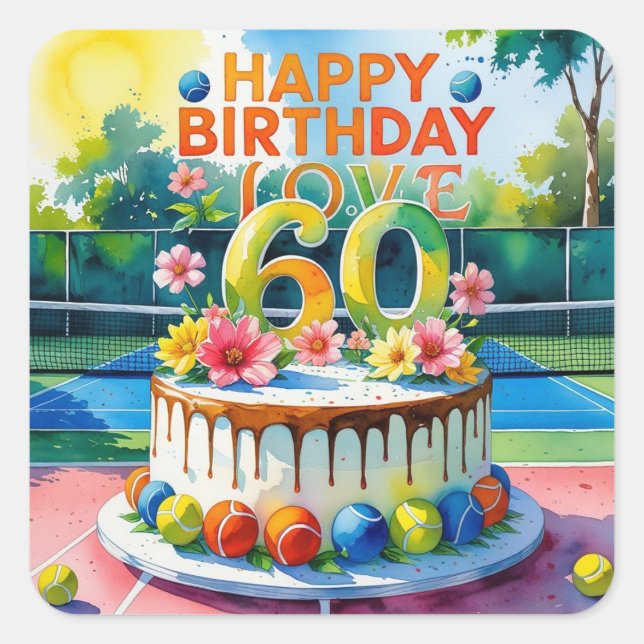 Tennis 60th birthday anniversary with tennis ball square sticker (Front)