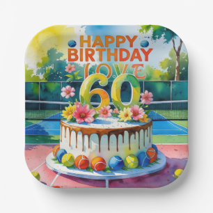 Tennis 60th Birthday tennis ball number love Pap Paper Plate