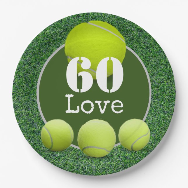 Tennis 60th Birthday  tennis ball number love   Paper Plate (Front)
