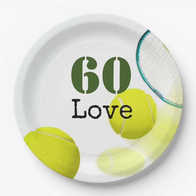 Tennis 60th Birthday  tennis ball number love   Paper Plate (Front)