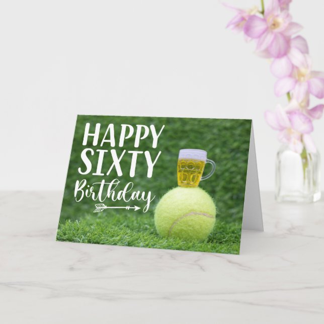 Tennis  60th Birthday with ball and beer  Card (Orchid)