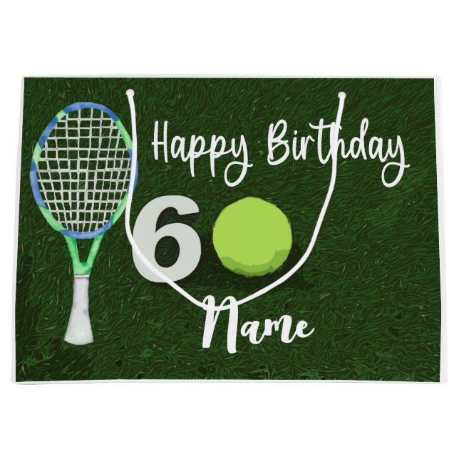 Tennis 60th Birthday with ball on green grass   Large Gift Bag (Front)