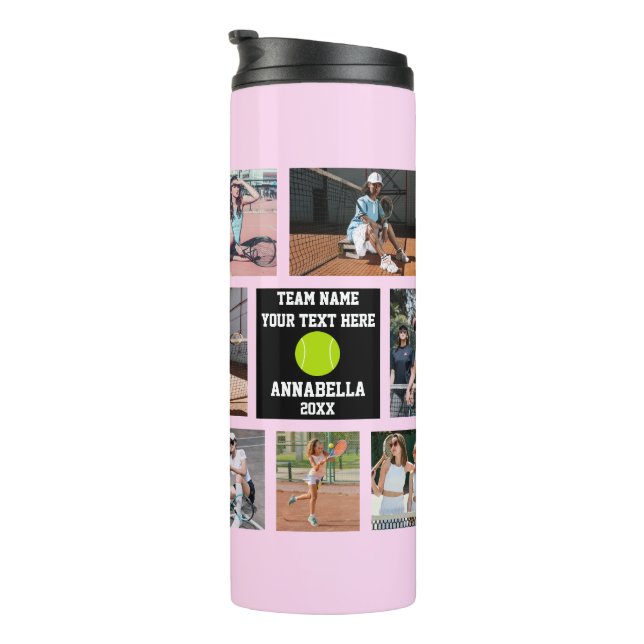 Tennis 7 Photo collage Pink team name Thermal Tumbler (Rotated Right)