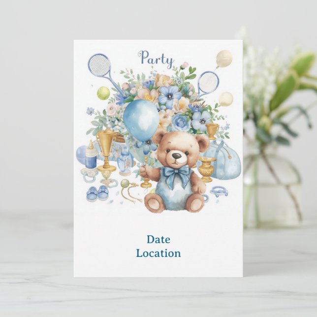 Tennis Baby Shower for Baby Boy Blue themed Invitation (Standing Front)
