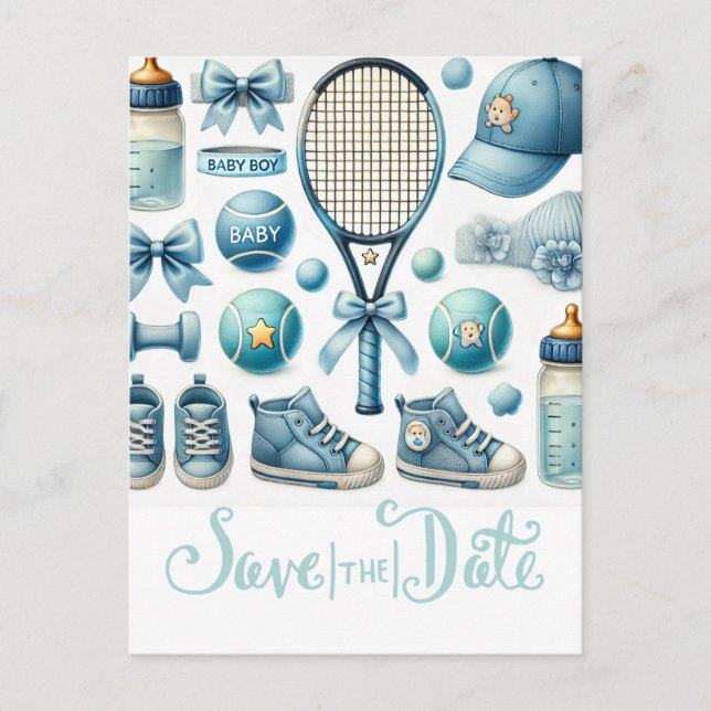Tennis Baby Shower for Baby Boy Blue themed Postcard (Front)
