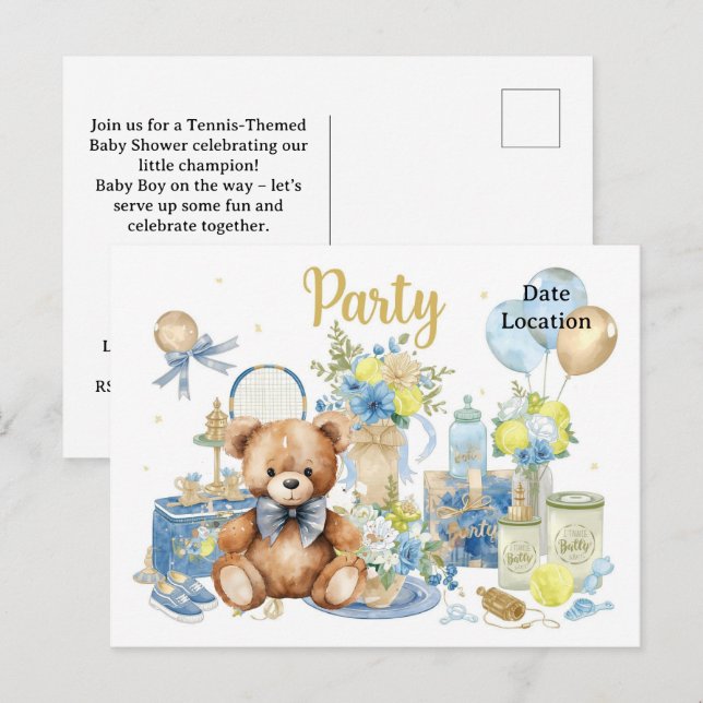 Tennis Baby Shower for Baby Boy Blue themed Postcard (Front/Back)