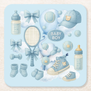 Tennis Baby Shower for Baby Boy Blue themed Square Paper Coaster