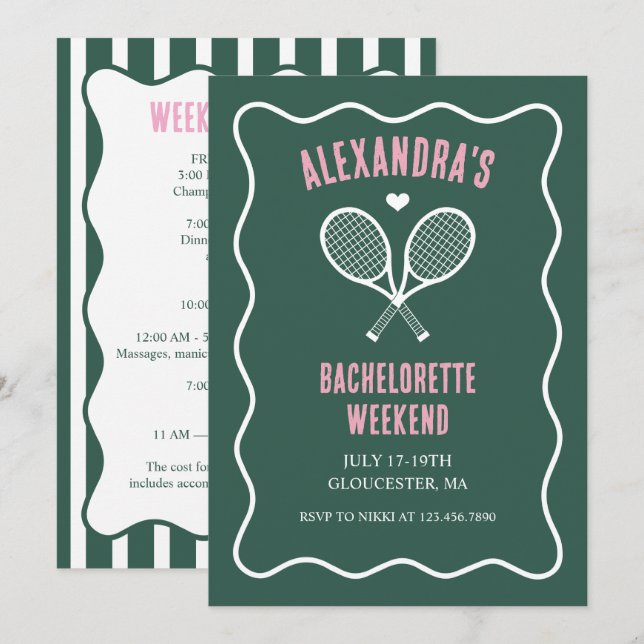 Tennis Bachelorette party preppy green Invitation (Front/Back)