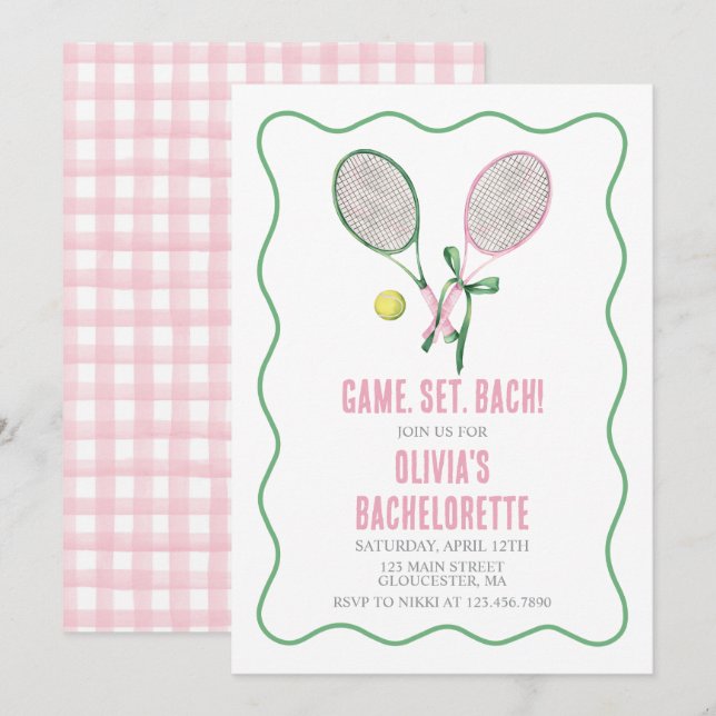 Tennis Bachelorette party preppy plaid pink green Invitation (Front/Back)