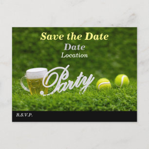 Tennis ball and beer save the date for party  post postcard