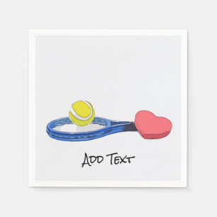 Tennis ball and blue racket on white background napkin