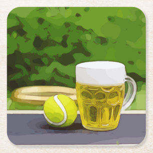 Tennis ball and glass of beer watercolor on green square paper coaster