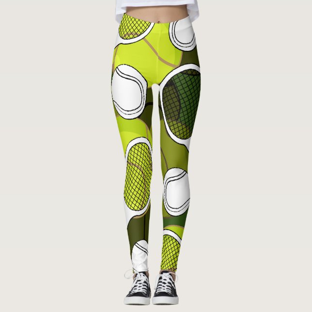 Tennis ball and racket black & white ink on green  leggings (Front)