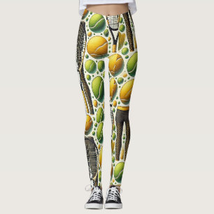 Tennis ball and racket black & white ink on green leggings