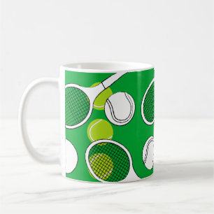 Tennis ball and racket black white on green court coffee mug