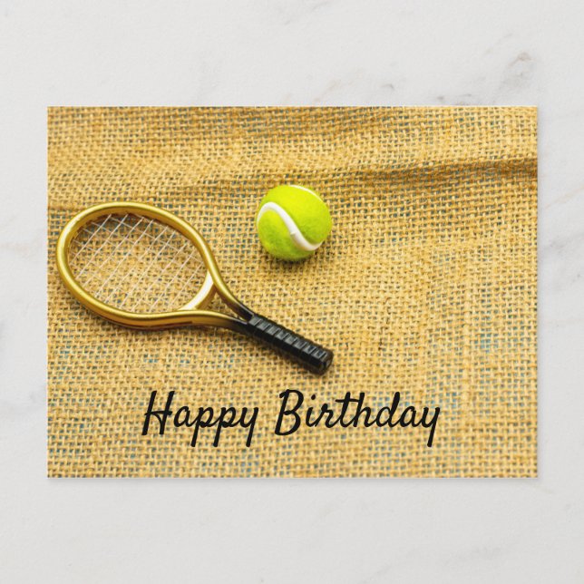 Tennis ball and racket happy birthday postcard (Front)