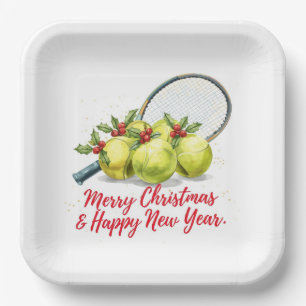Tennis Ball and Racket Merry Christmas Holiday Paper Plate