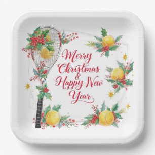 Tennis Ball and Racket Merry Christmas Holiday Paper Plate