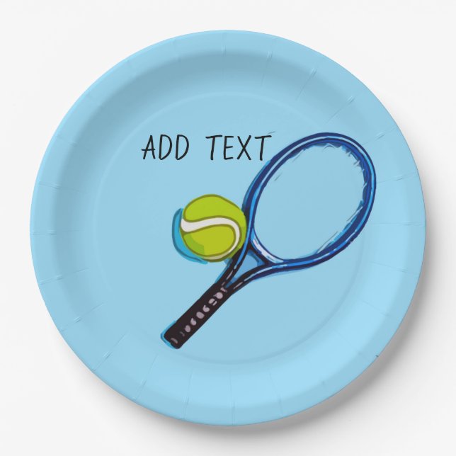 Tennis ball and racket on blue background paper plate (Front)