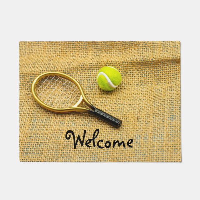 Tennis ball and racket on brown background doormat (Front)