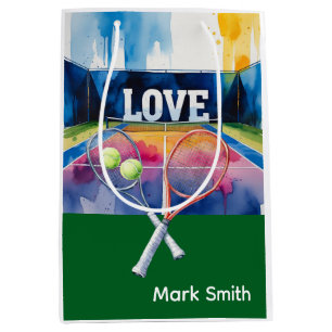 Tennis ball and racket on court with love medium gift bag