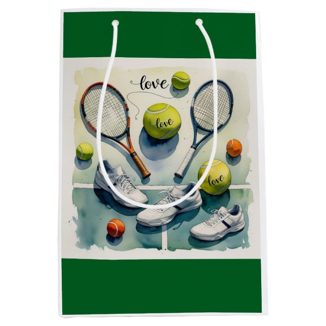 Tennis ball and racket on court with love medium gift bag (Front)