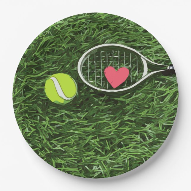 Tennis ball and racket on green background paper plate (Front)