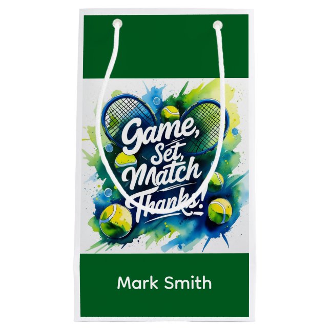 Tennis ball and racket on the court with name small gift bag (Front)
