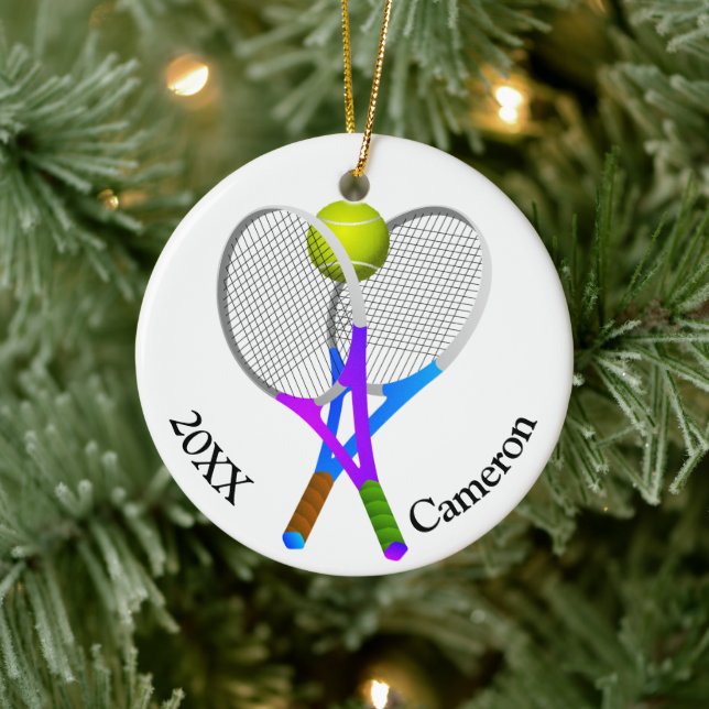 Tennis Ball and Rackets Christmas Ceramic Ornament (Tree)