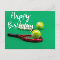 Tennis ball and red racket on green Happy Birthday