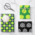 Tennis Ball and Snowflake Black & Green Christmas Wrapping Paper Sheet<br><div class="desc">A cool set of matching Christmas wrapping paper sheets for tennis players and fans! The first sheet features a seamless green and black chequered pattern with snowflakes on the black squares and tennis balls on the green squares. The second sheet features a pattern of tennis balls on a green background,...</div>